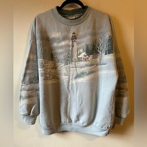Vintage Wrap Around Winter Snow Lighthouse Coastal Graphic Sweatshirt Grannycore